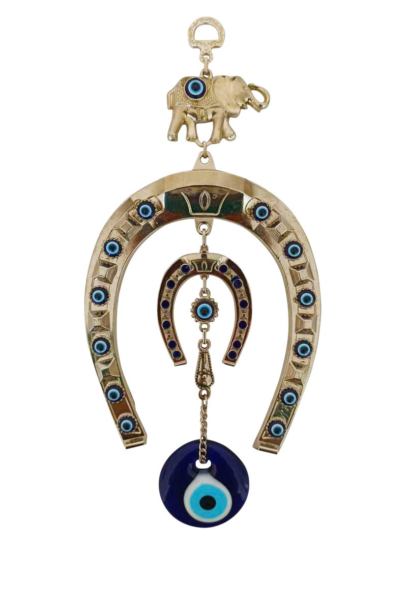 Erbulus Turkish Silver Horse Shoe Blue Evil Eye Wall Hanging Ornament with Elephant - Turkish Nazar Bead Amulet â€“ Home Protection and Good Luck Charm Gift in a Box - Image 1